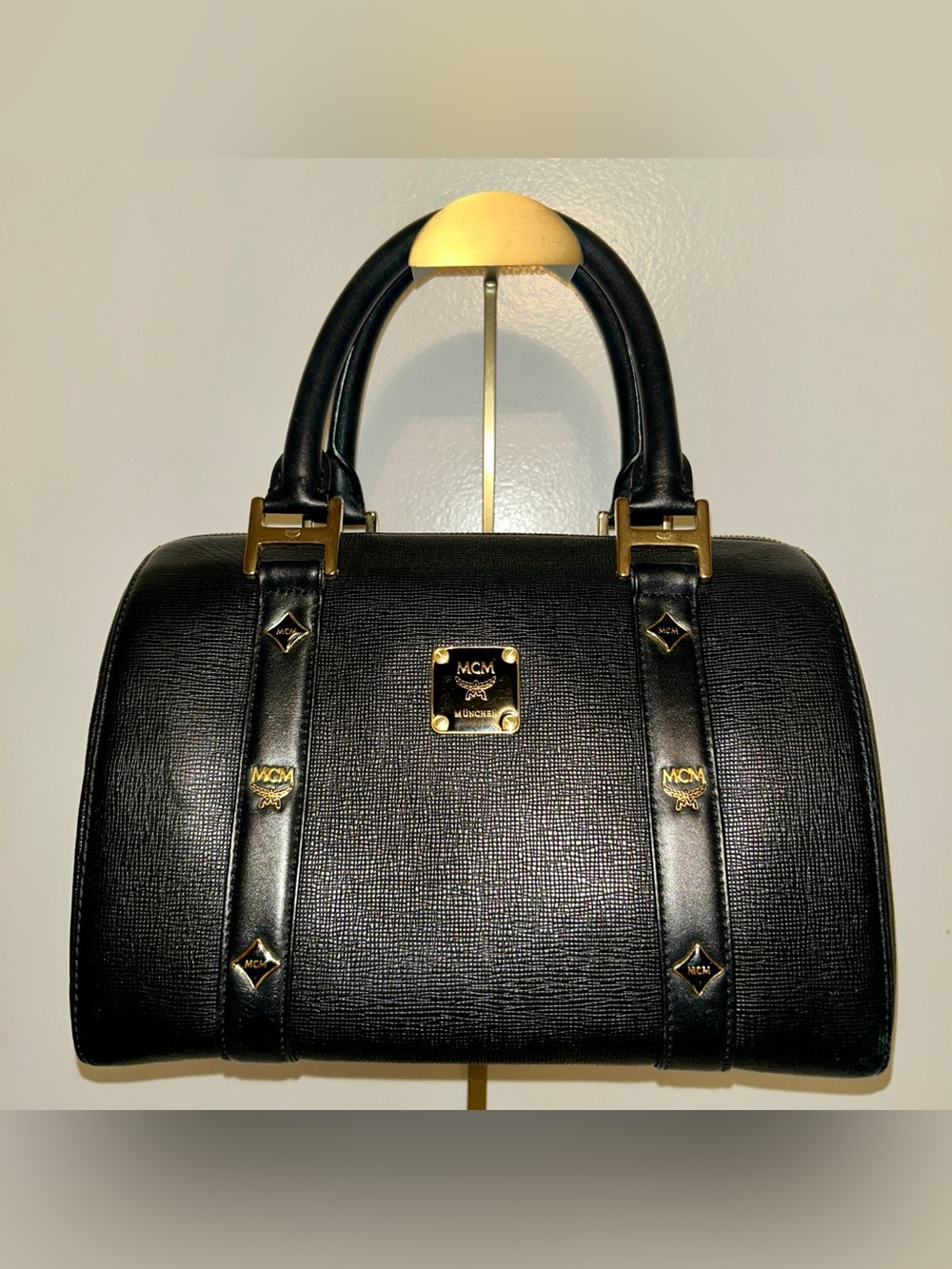 MCM Black Leather Tote with Gold Hardware Accents